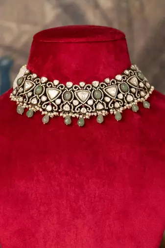 Gold plated  green beads kundan necklace in sterling silver