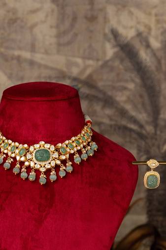 Gold plated  green stone kundan necklace in sterling silver