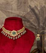 Gold plated  green stone kundan necklace in sterling silver