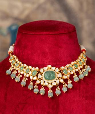Gold plated  green stone kundan necklace in sterling silver 2