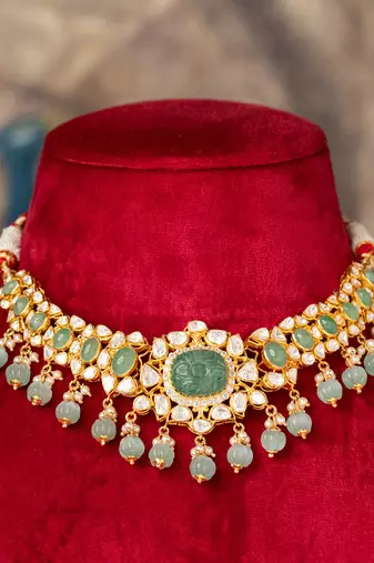 Gold plated  green stone kundan necklace in sterling silver