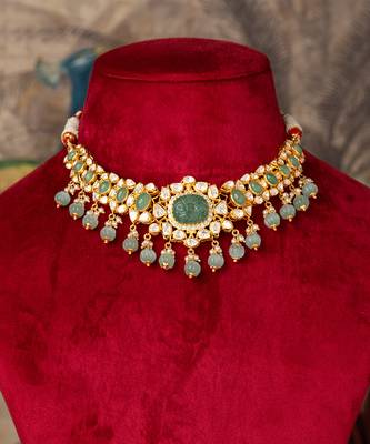 Gold plated  green stone kundan necklace in sterling silver 3