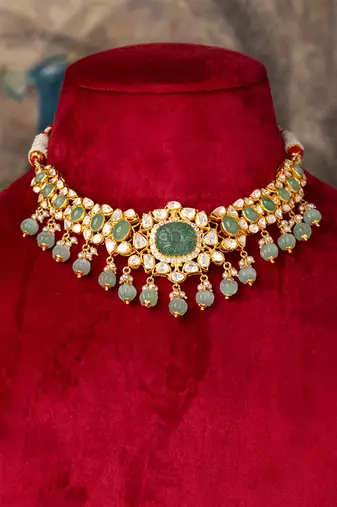 Gold plated  green stone kundan necklace in sterling silver