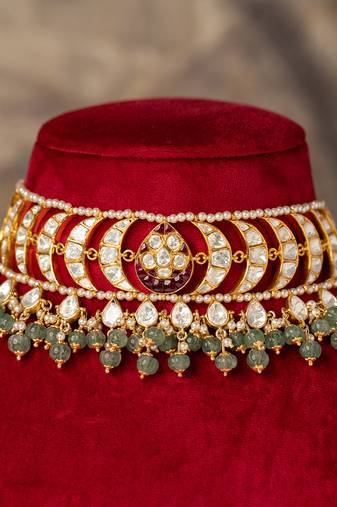Gold plated  green stone kundan necklace in sterling silver