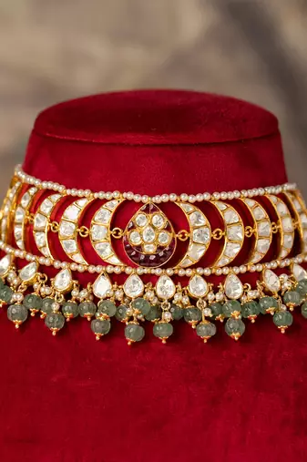 Gold plated  green stone kundan necklace in sterling silver