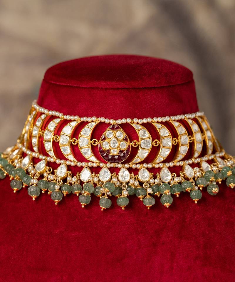 Gold plated  green stone kundan necklace in sterling silver