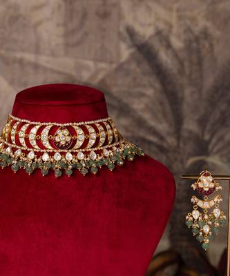 Gold plated  green stone kundan necklace in sterling silver 2