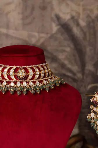 Gold plated  green stone kundan necklace in sterling silver