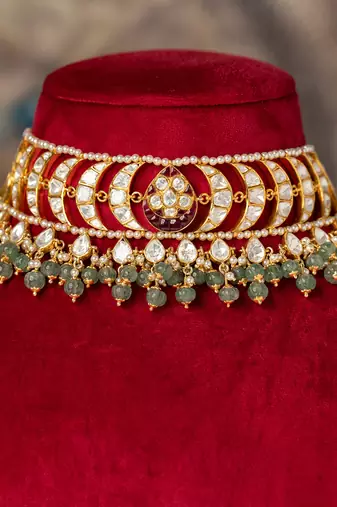 Gold plated  green stone kundan necklace in sterling silver