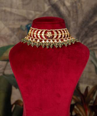 Gold plated  green stone kundan necklace in sterling silver 4