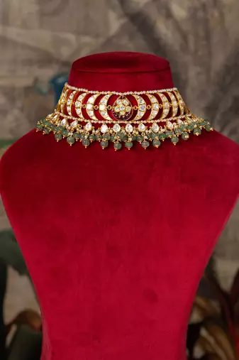 Gold plated  green stone kundan necklace in sterling silver