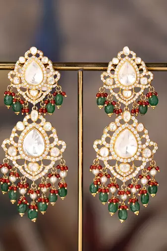 Gold plated multicolor polki jhumkas in sterling silver