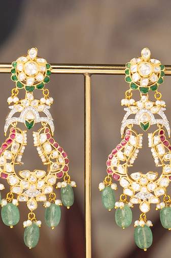 Gold plated multicolor polki jhumkas in sterling silver