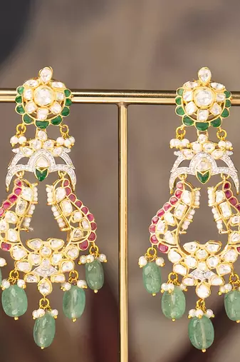 Gold plated multicolor polki jhumkas in sterling silver