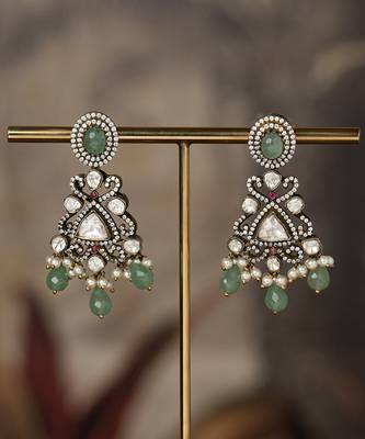 Gold plated green beads jhumkas in sterling silver 2