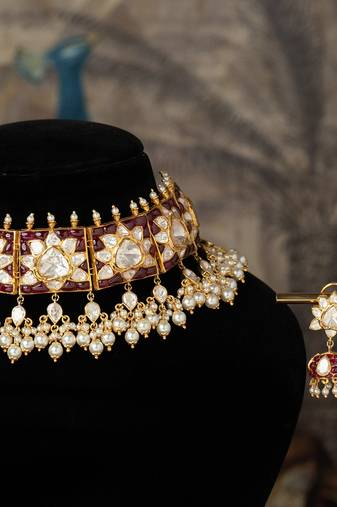 Gold plated  white peals kundan necklace in sterling silver