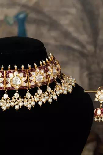 Gold plated  white peals kundan necklace in sterling silver