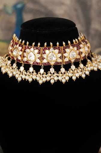 Gold plated  white peals kundan necklace in sterling silver