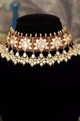 Gold plated  white peals kundan necklace in sterling silver
