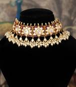 Gold plated  white peals kundan necklace in sterling silver