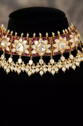 Gold plated  white peals kundan necklace in sterling silver