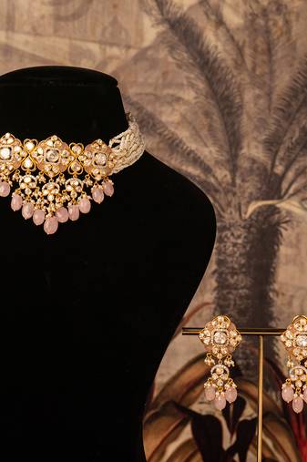 Gold plated  pink beads  pearl necklace in sterling silver