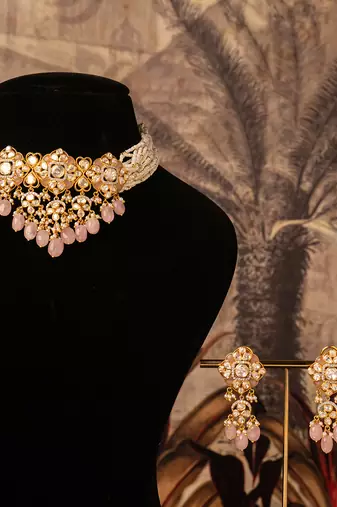 Gold plated  pink beads  pearl necklace in sterling silver