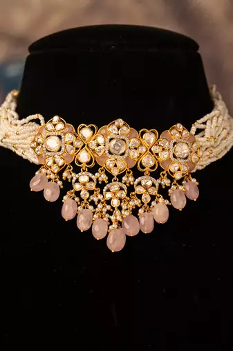 Gold plated  pink beads  pearl necklace in sterling silver
