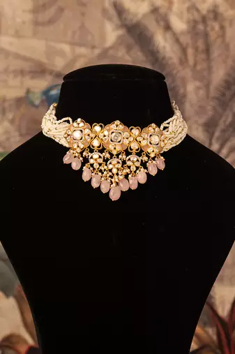Gold plated  pink beads  pearl necklace in sterling silver