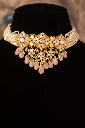 Gold plated  pink beads  pearl necklace in sterling silver