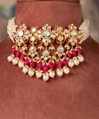 Gold plated  pink beads pearl necklace in sterling silver 1