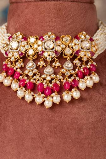 Gold plated  pink beads pearl necklace in sterling silver