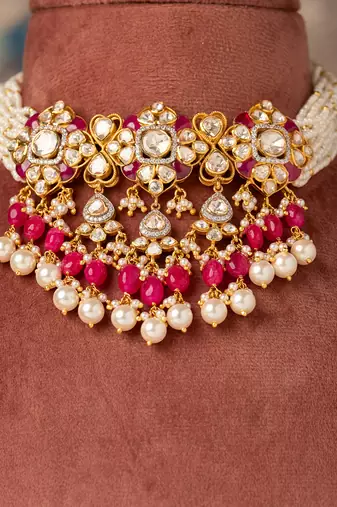 Gold plated  pink beads pearl necklace in sterling silver