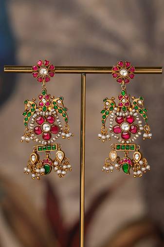 Gold plated multicolor polki jhumkas in sterling silver