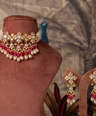 Gold plated  pink beads pearl necklace in sterling silver 2