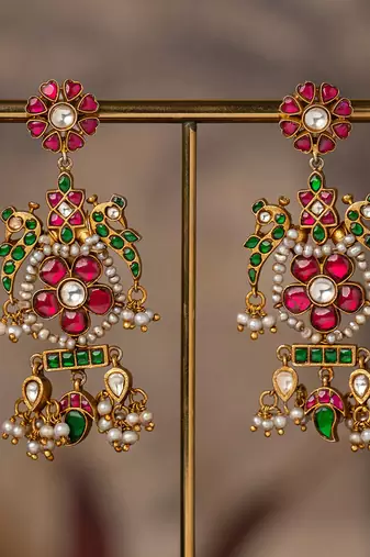 Gold plated multicolor polki jhumkas in sterling silver