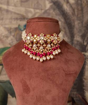 Gold plated  pink beads pearl necklace in sterling silver 3