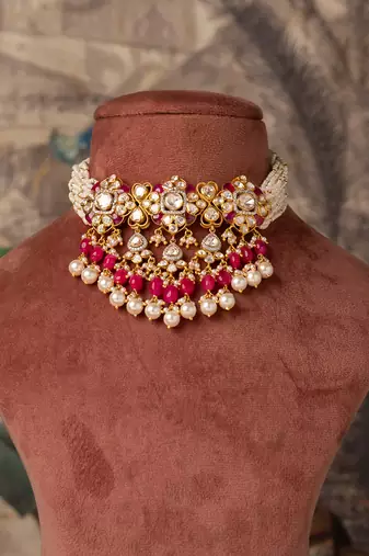 Gold plated  pink beads pearl necklace in sterling silver