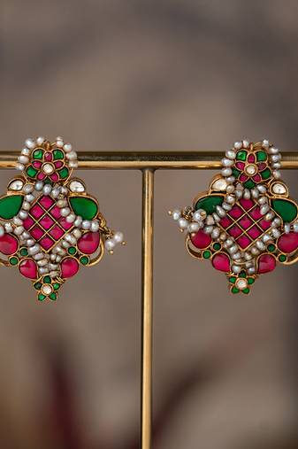Gold plated multicolor polki jhumkas in sterling silver