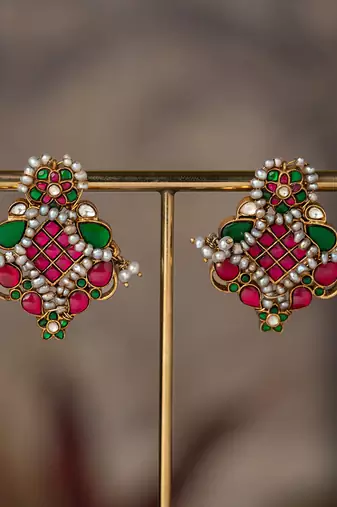 Gold plated multicolor polki jhumkas in sterling silver