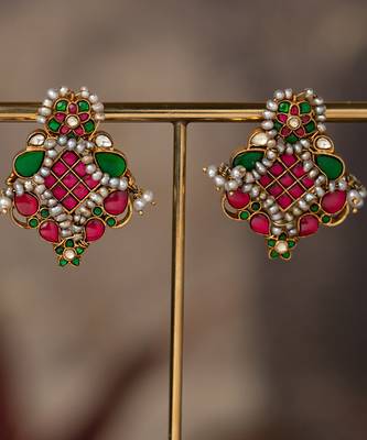 Gold plated multicolor polki jhumkas in sterling silver 2