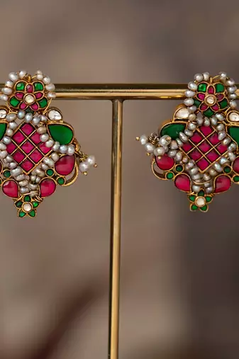 Gold plated multicolor polki jhumkas in sterling silver