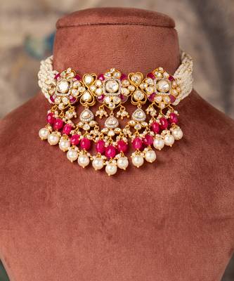 Gold plated  pink beads pearl necklace in sterling silver 4