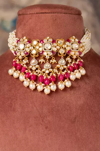 Gold plated  pink beads pearl necklace in sterling silver