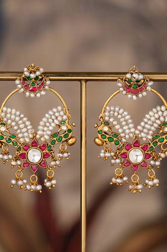 Gold plated multicolor polki jhumkas in sterling silver