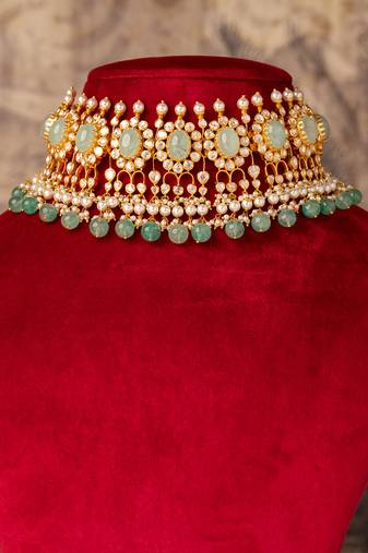 Gold plated  green stone kundan necklace in sterling silver