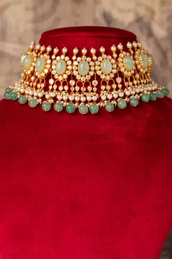 Gold plated  green stone kundan necklace in sterling silver