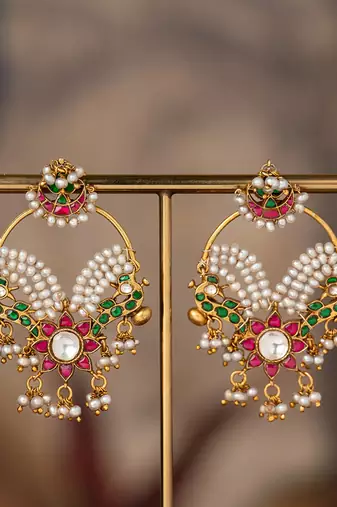 Gold plated multicolor polki jhumkas in sterling silver