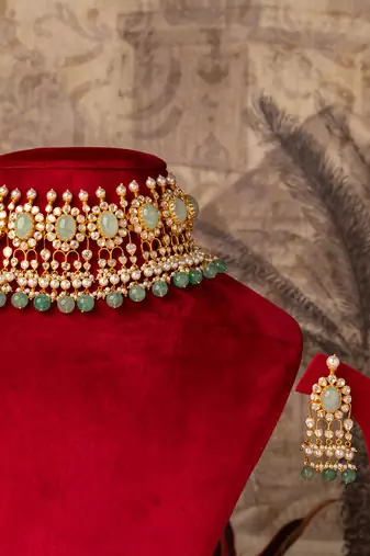 Gold plated  green stone kundan necklace in sterling silver