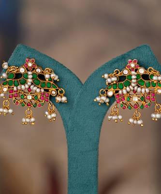 Gold plated multicolor polki jhumkas in sterling silver 2